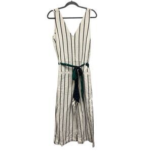 Madewell striped pull-on V-neck linen-blend jumpsuit in ivory/navy with a green